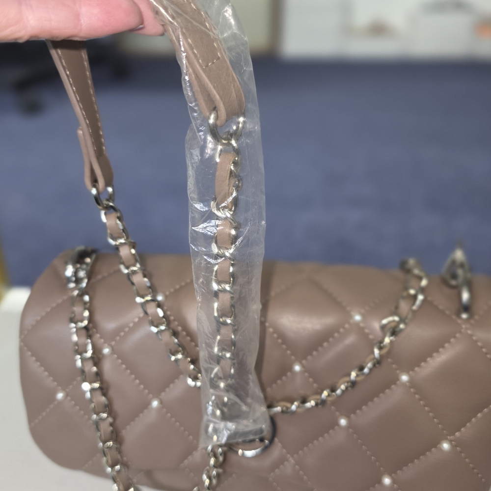 Badgley Mischka Brown Quilted Clutch with Pearl Accents - Picture 4 of 6